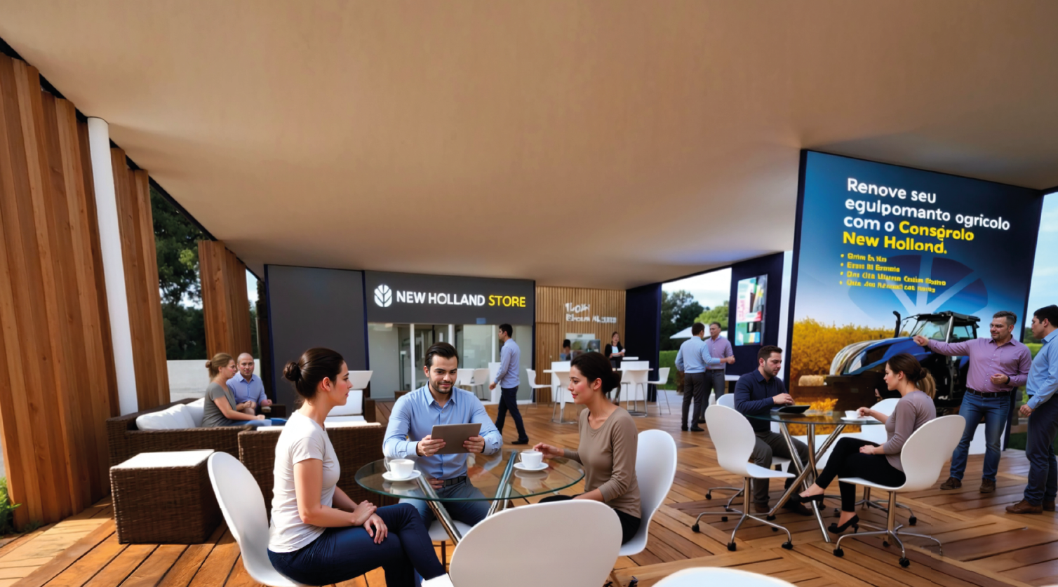 Perspectiva interna com New Holland Store e área de convivência